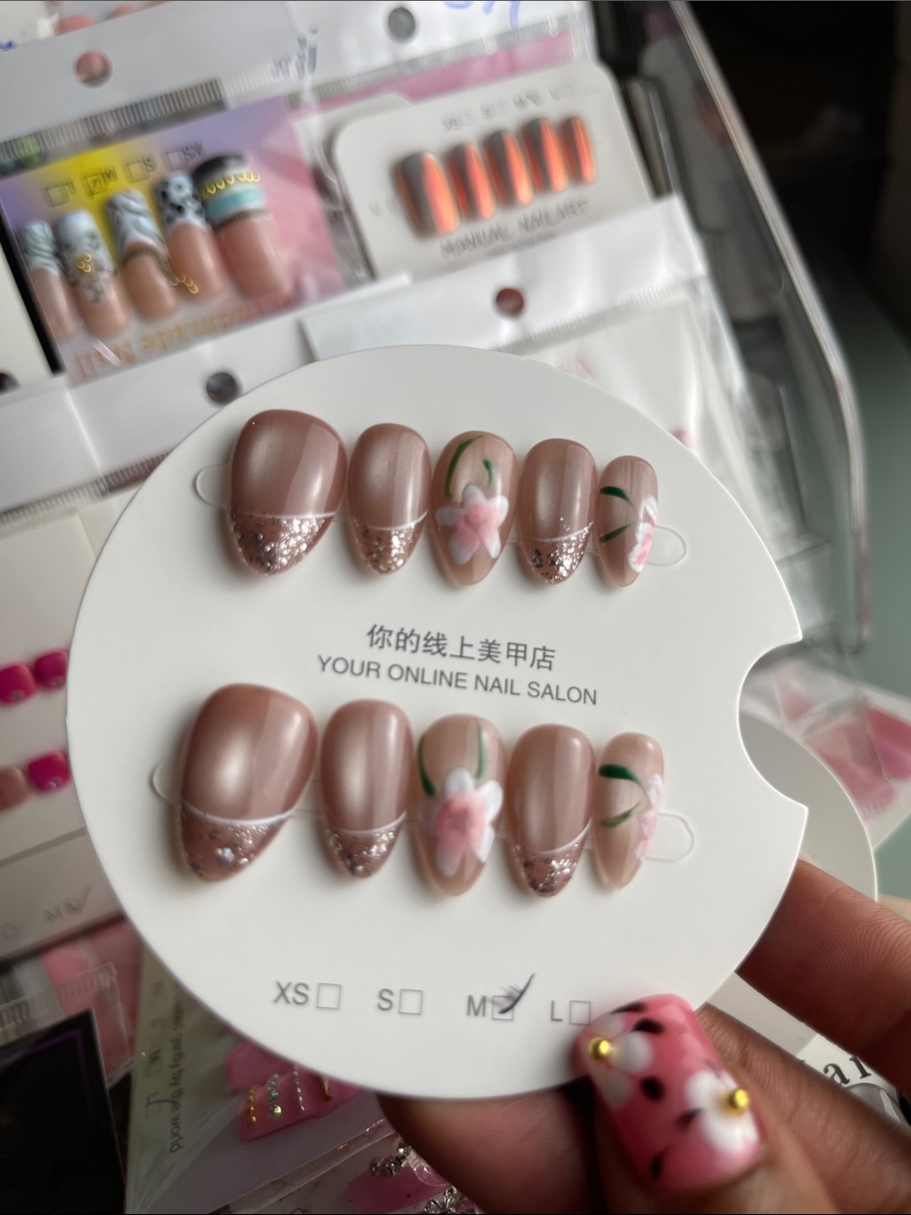Short Almond Nude Cat Eye with Sparkling tips and Hand Painted flower design